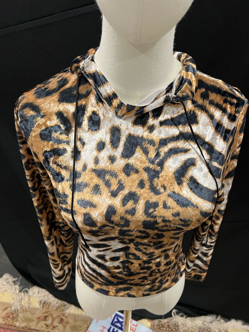 Leopard Print Hoodie Top - Brown Black Cream